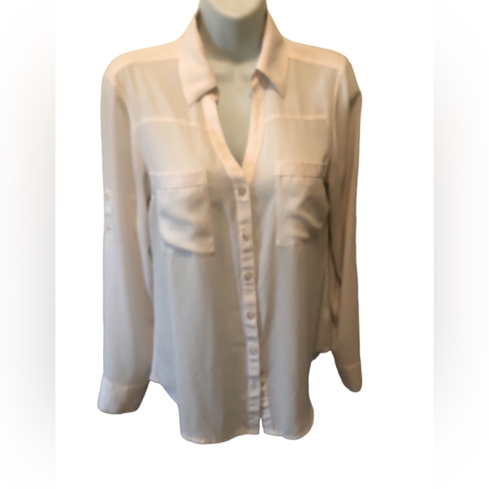 Express Portofino Chiffon Blouse Size S  Cream Roll Tab Sleeve Business Wardrobe